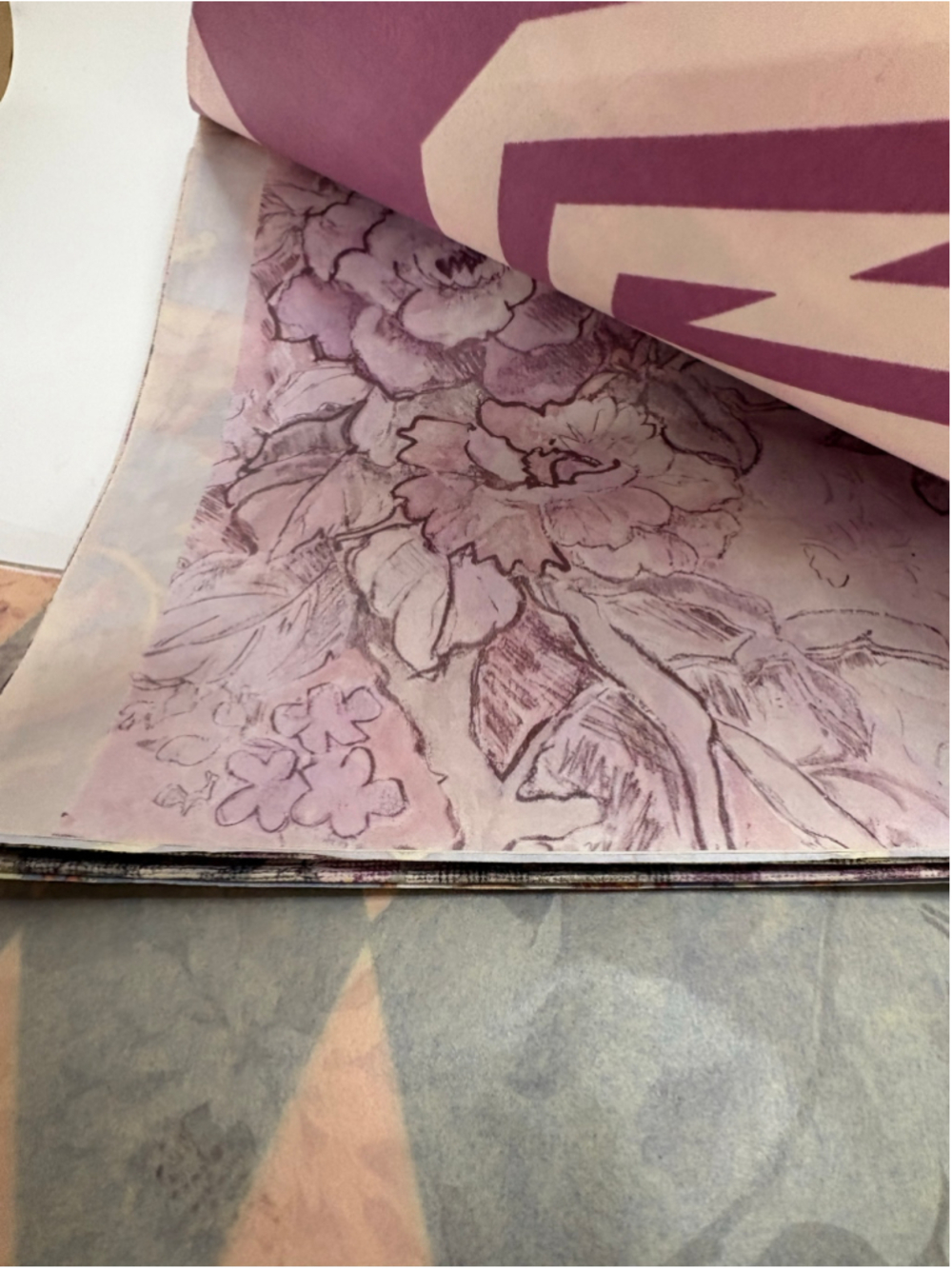 Vintage Wrapping Paper and Tissue Paper Pink Purple Floral Geometric Pattern - Picture 1 of 7